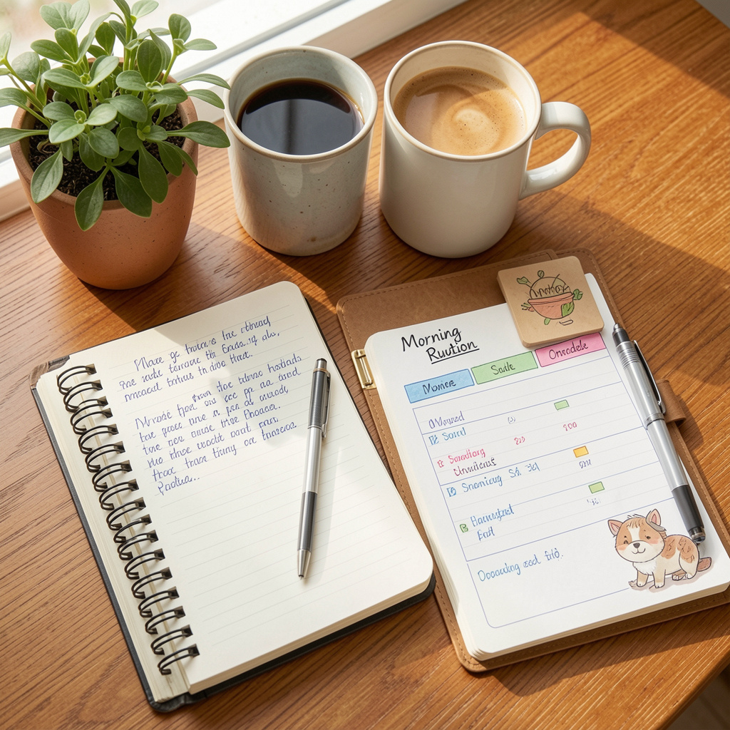 Morning routine setup with journal, coffee, and organized schedule