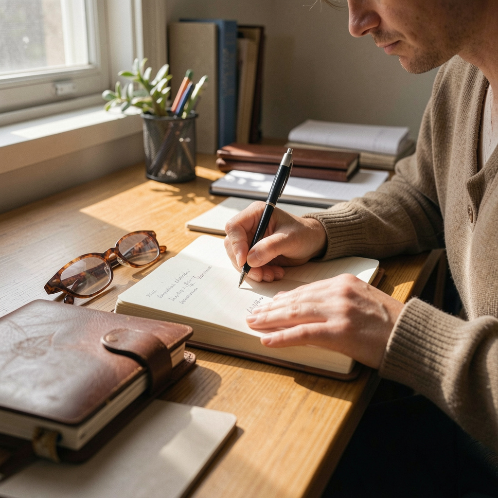 Person writing in journal at organized desk with morning light