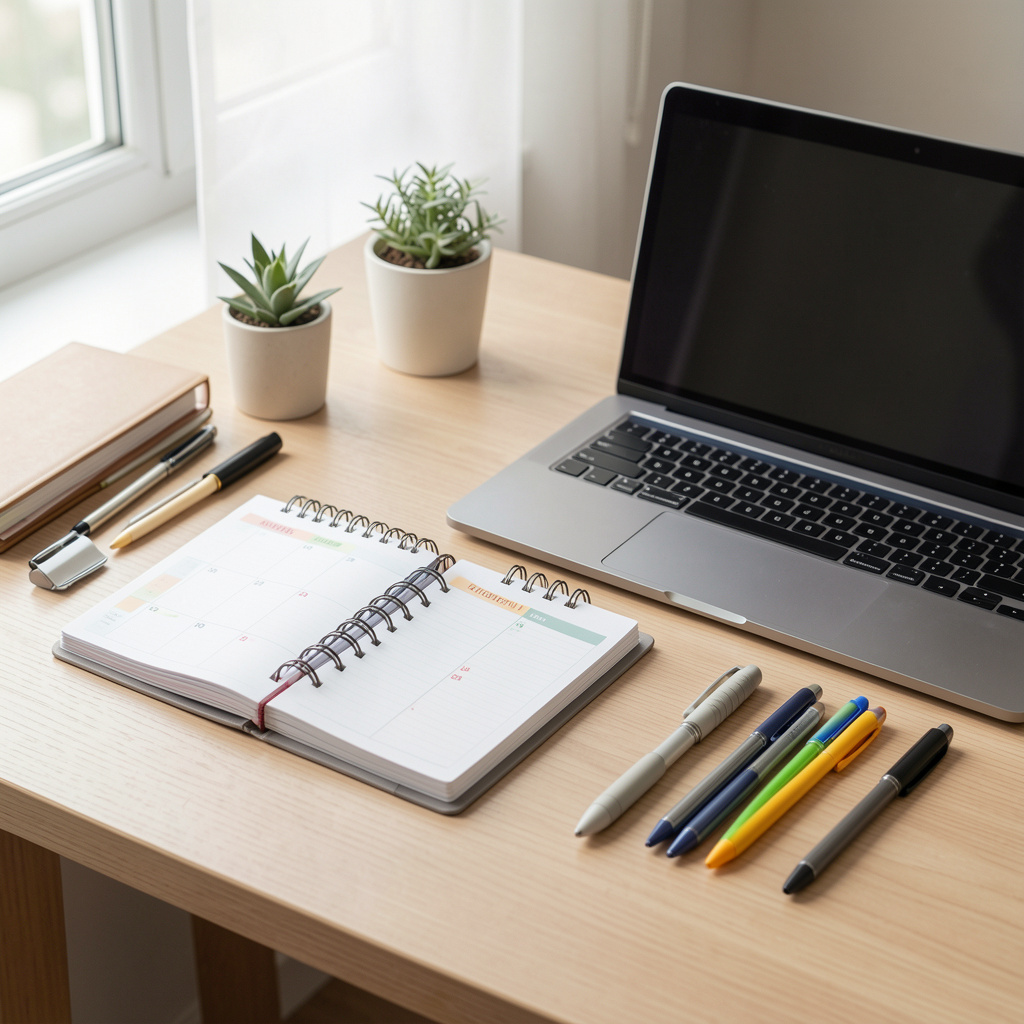 Organized workspace with planner, laptop, and minimal distractions