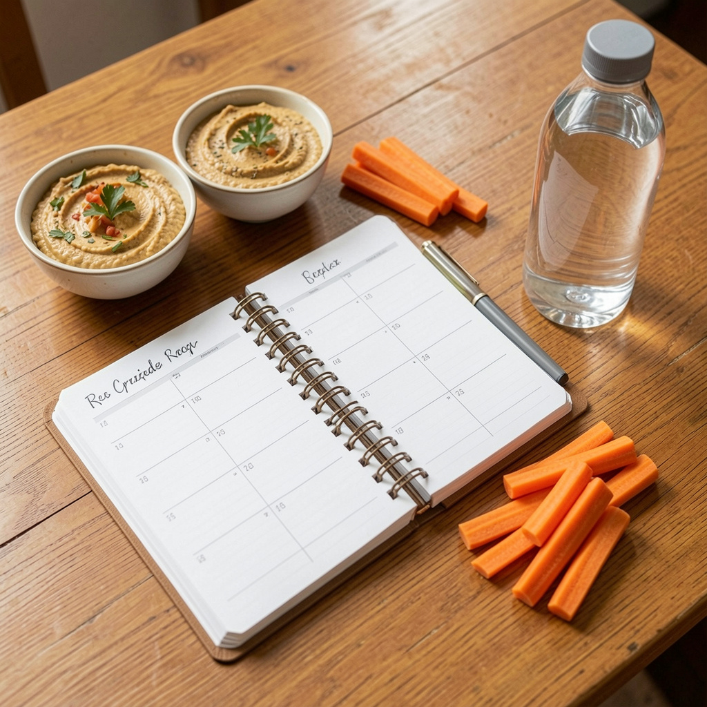 Organized planner with healthy snacks and water bottle on wooden table