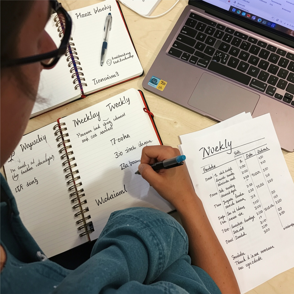 Person planning weekly schedule in planner with color-coded sections